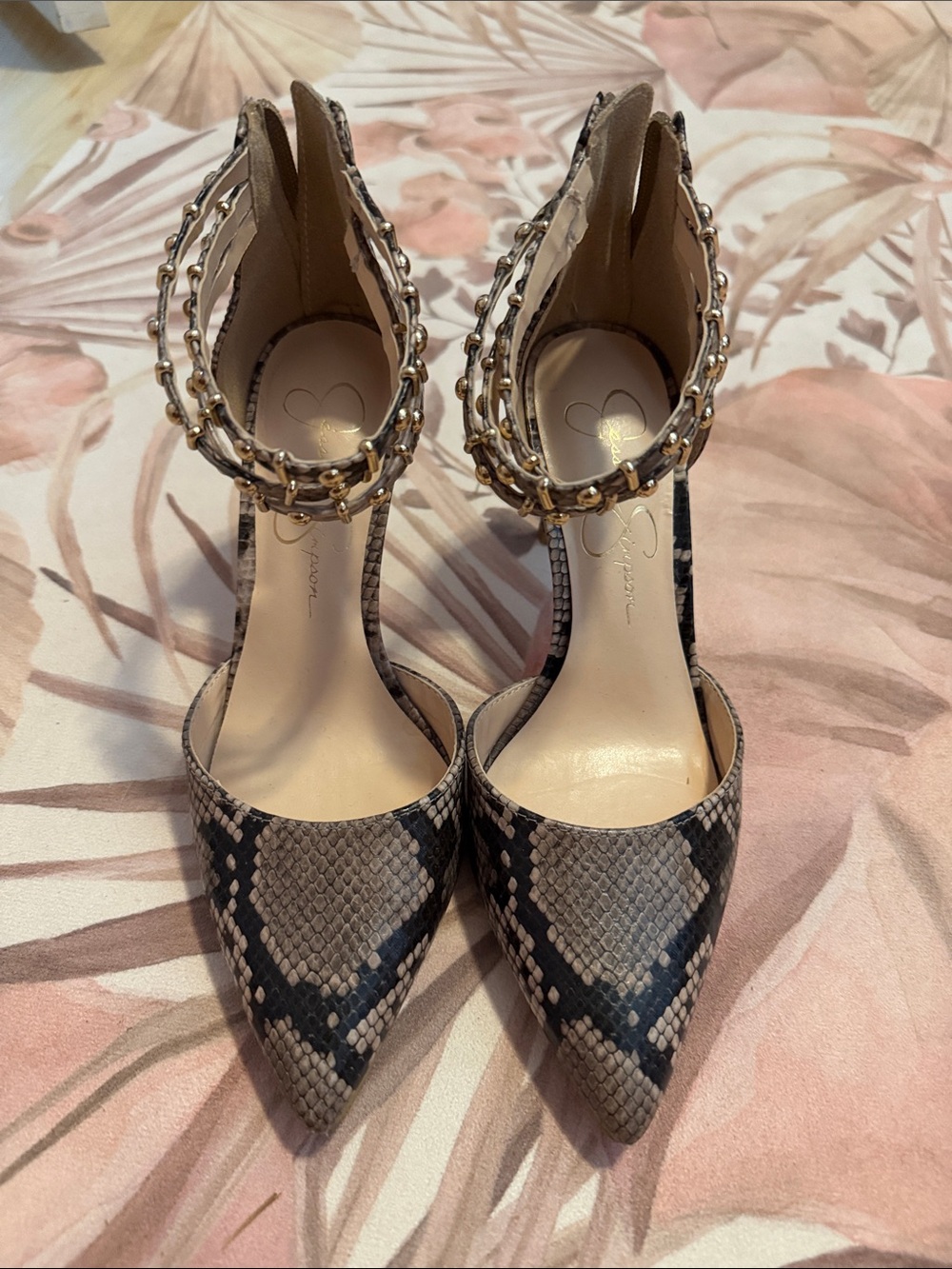 Snake-Print Pointed Ankle-Strap Heels with Beaded Accent - Taupe Preloved